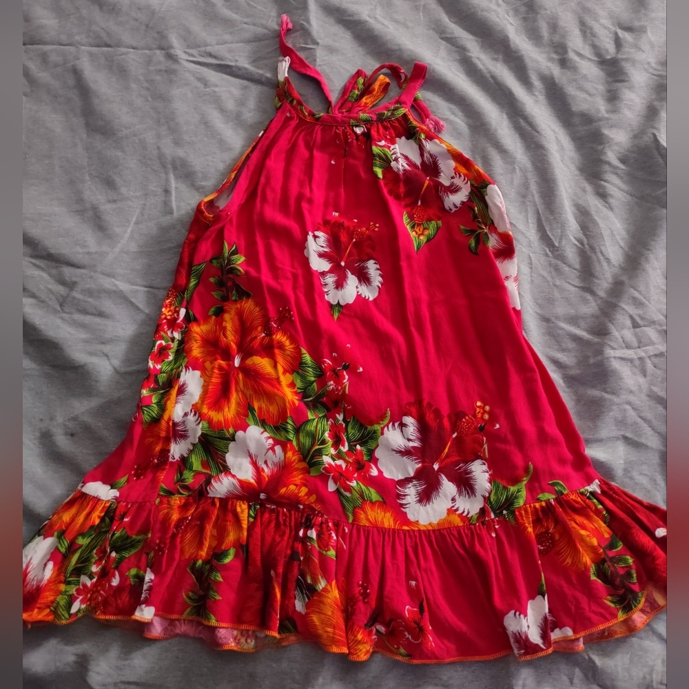 Aloha Fashion/Hawaiian Halter Dress/Red w Hawaiian Hibiscus Print/Size 6(Girls)